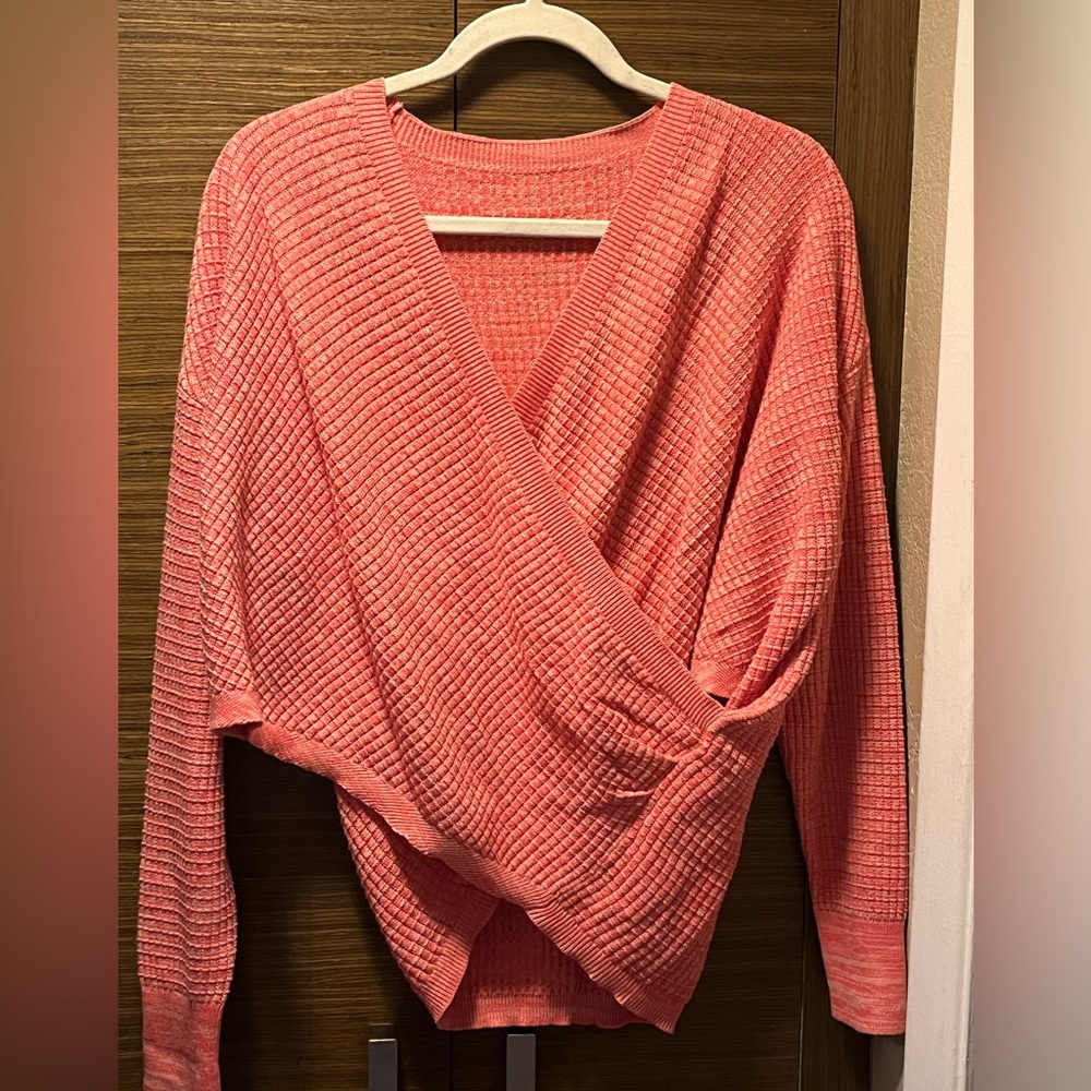 Coral, Large, Cross over wrap, v-neck long sleeve knit sweater